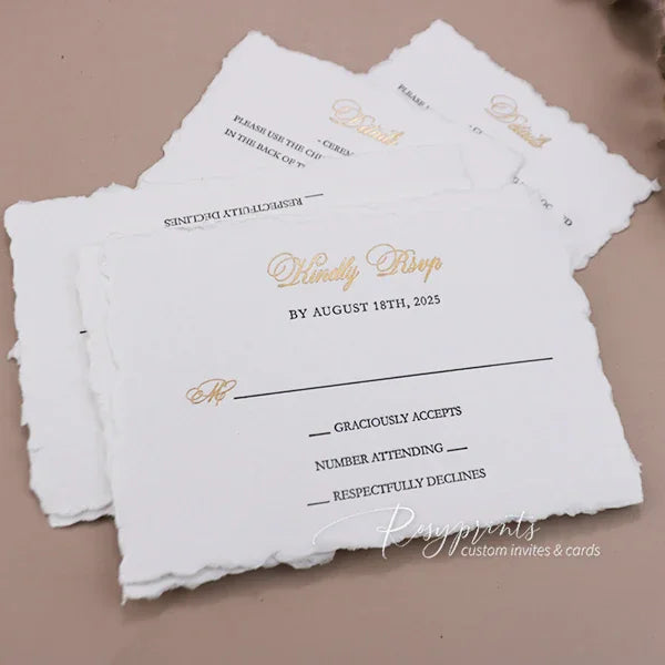 deckled edge gold foil letterpress wedding invitations