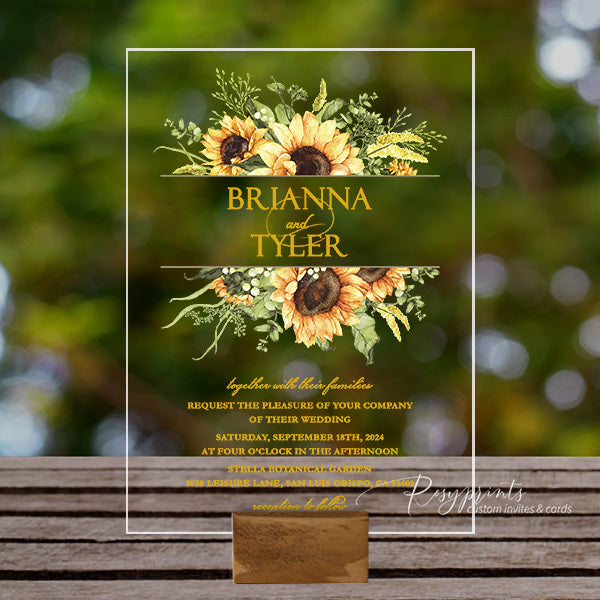 country sunflower and gold acrylic wedding invitations