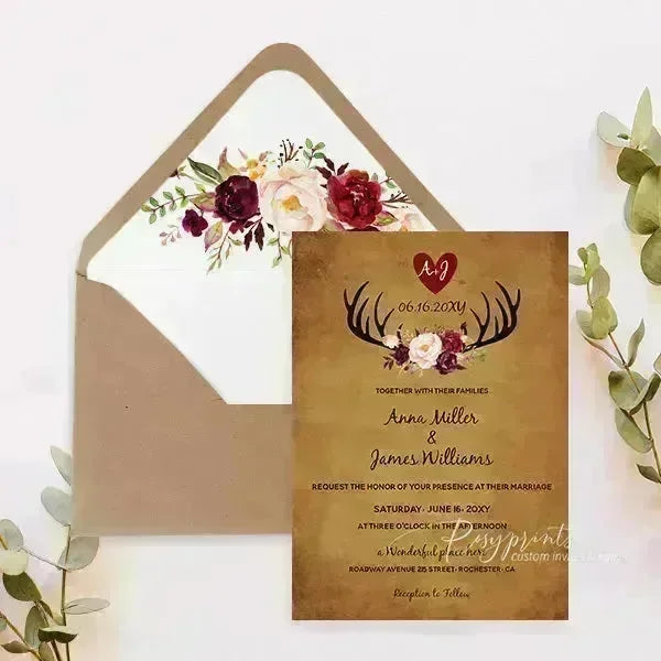 dear antler rustic flowers western style wedding invitations RPS37 - Rosy Prints