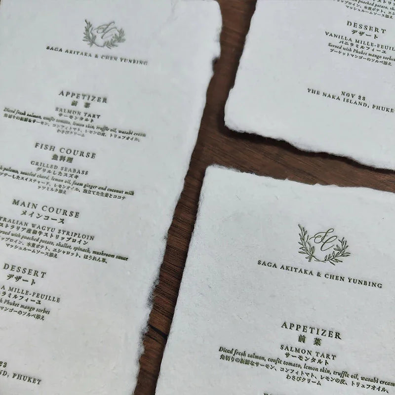 deckled edge letterpress wedding menu handmade paper