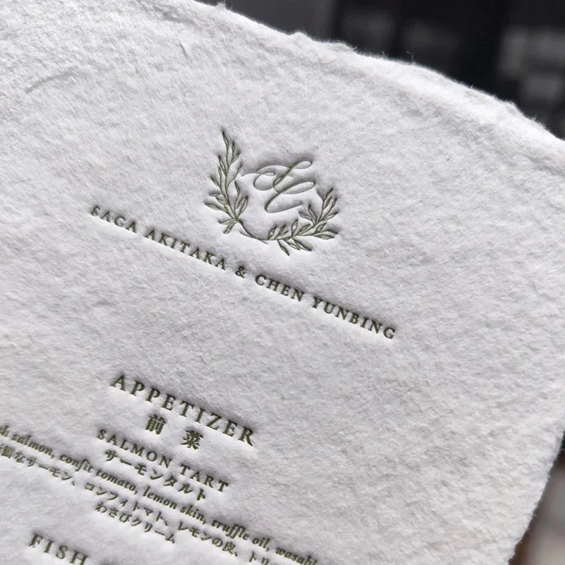 deckled edge letterpress wedding menu handmade paper