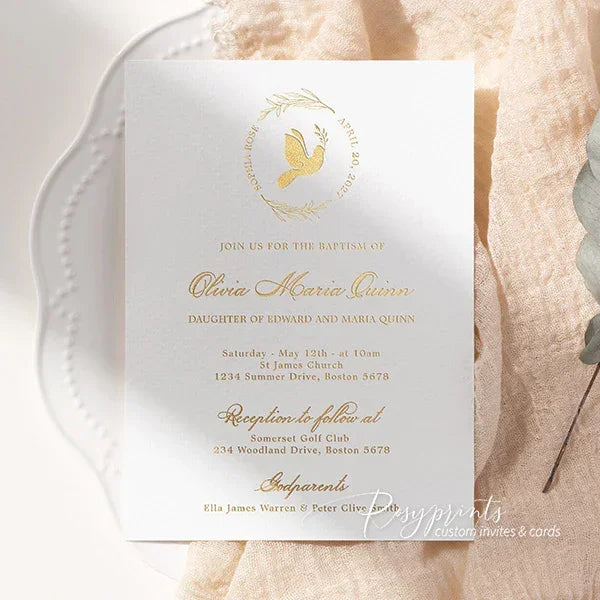 dove and leaves gold foil baptism christening invitations RPB11 - Rosy Prints
