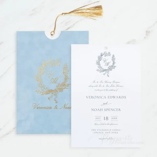 dusty blue wreath gold foil velvet wedding invitations ROSYP55 - Rosy Prints