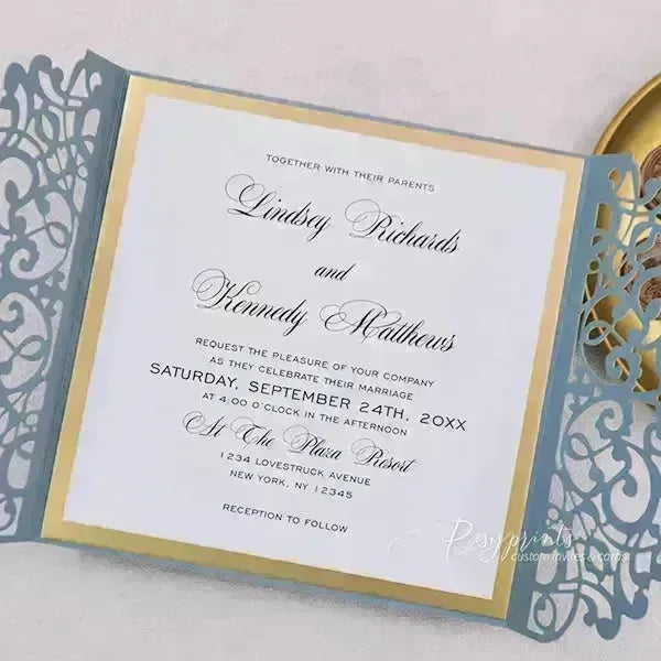 inviting dusty blue wedding invitations with gold liners ROSYG25 - Rosy Prints