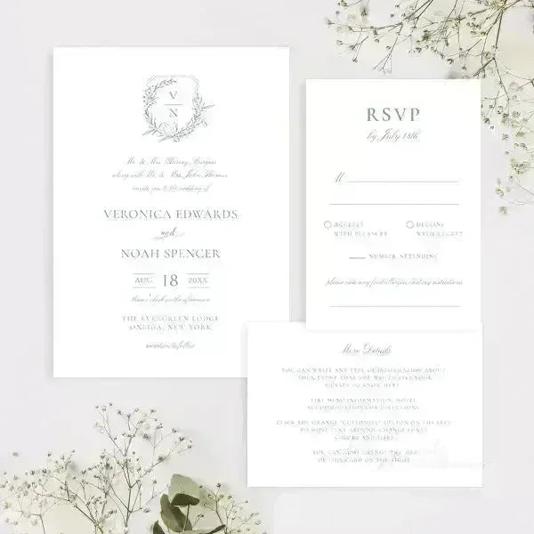 minimal leaf crest dusty blue wedding invitations ROSG22 - Rosy Prints