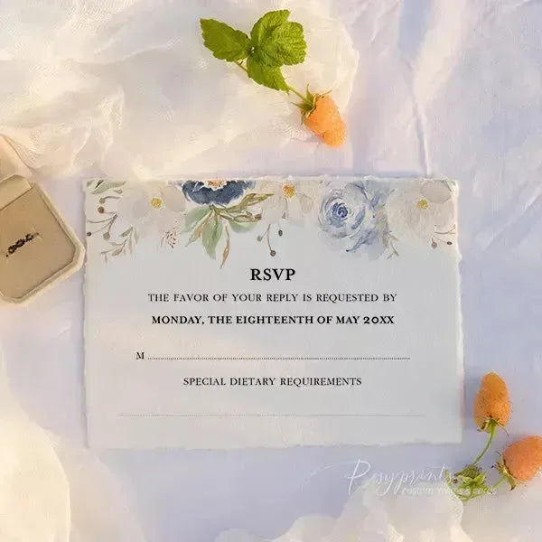 blue floral deckled edge wedding invitations ROSYD07 - Rosy Prints
