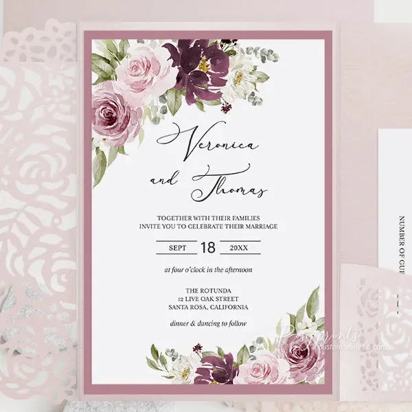 burgundy and dusty rose floral wedding invitations ROSYP22-B - Rosy Prints