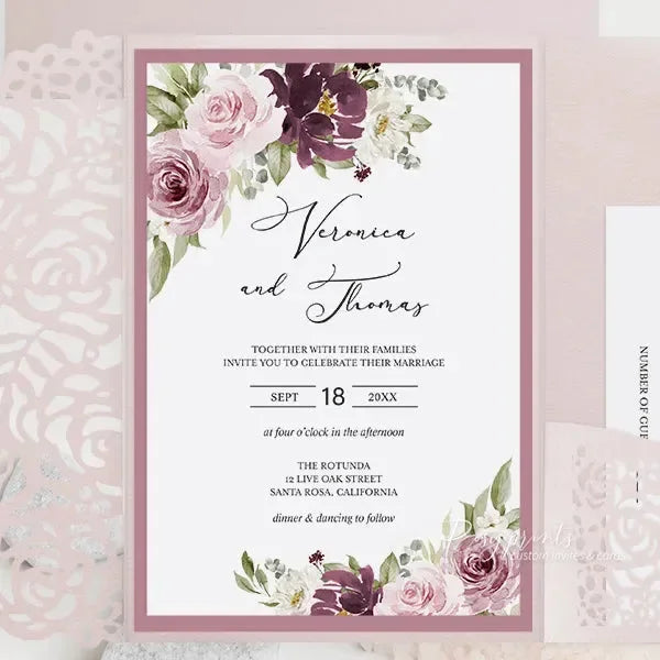 burgundy and dusty rose floral wedding invitations ROSYP22-B - Rosy Prints