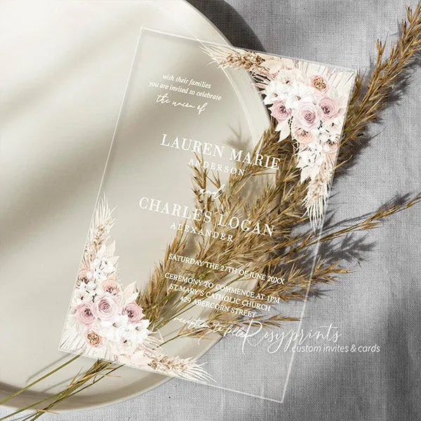 boho dusty rose flower acrylic wedding invitations ROSYA04 - Rosy Prints
