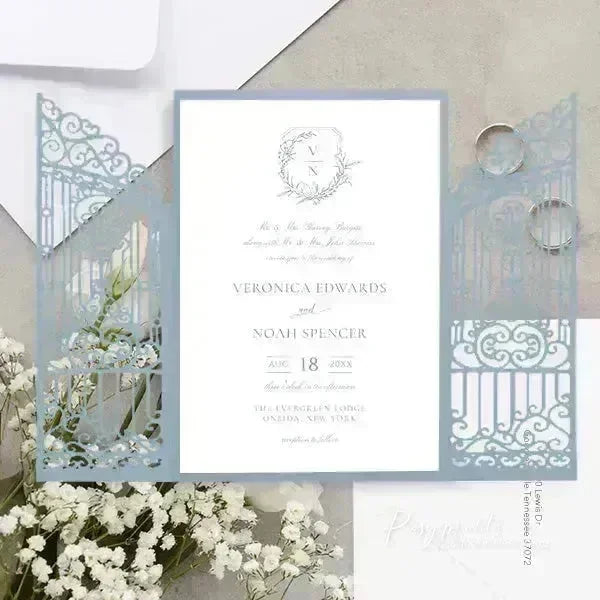 minimal leaf crest dusty blue wedding invitations ROSG22 - Rosy Prints