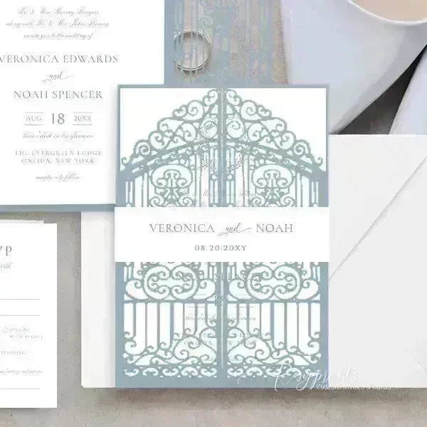 minimal leaf crest dusty blue wedding invitations ROSG22 - Rosy Prints