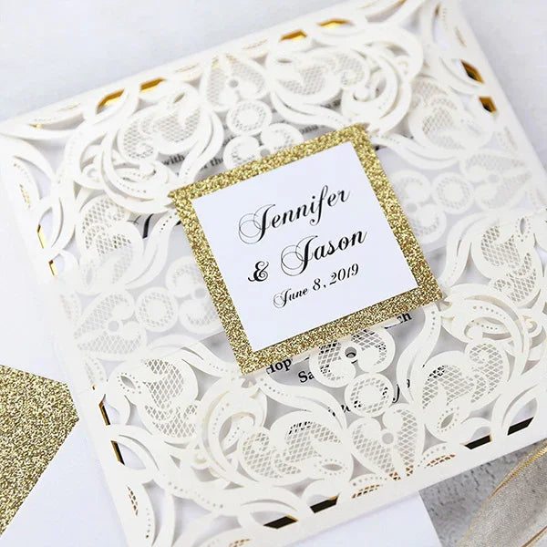 simple ivory white gold glitter overlay wedding invitations ROSYP03 - Rosy Prints
