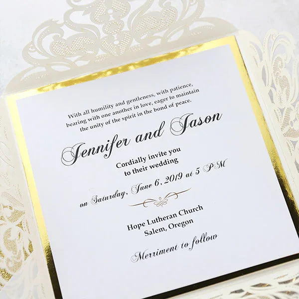 simple ivory white gold glitter overlay wedding invitations ROSYP03 - Rosy Prints