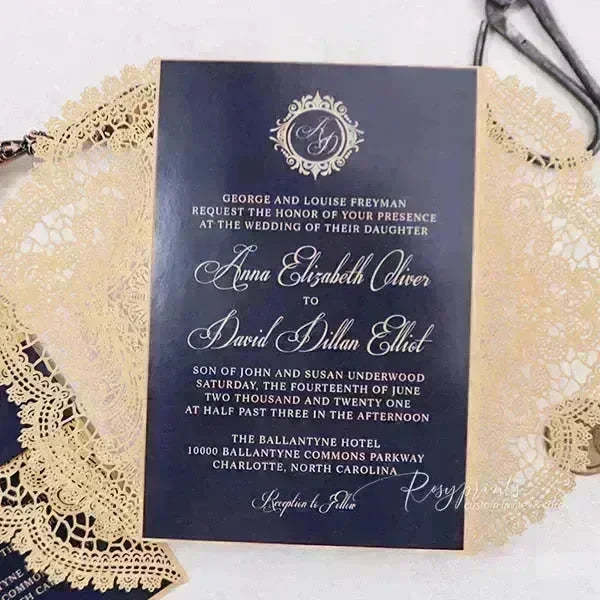 classic lace navy blue and gold wedding invitations ROSG24 - Rosy Prints