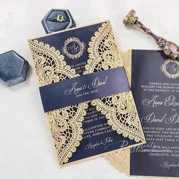 classic lace navy blue and gold wedding invitations ROSG24 - Rosy Prints