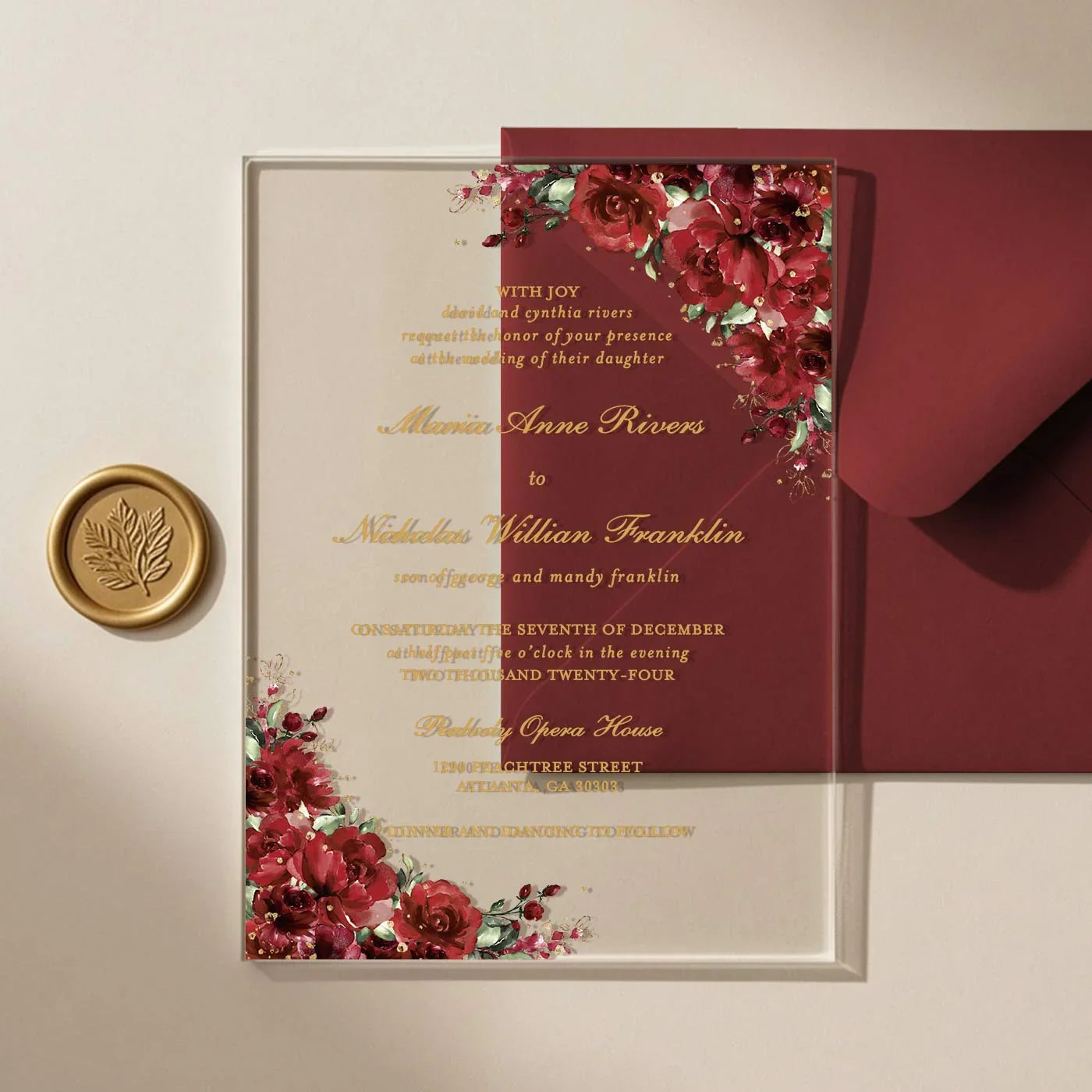 elegant red and gold acrylic wedding invitations