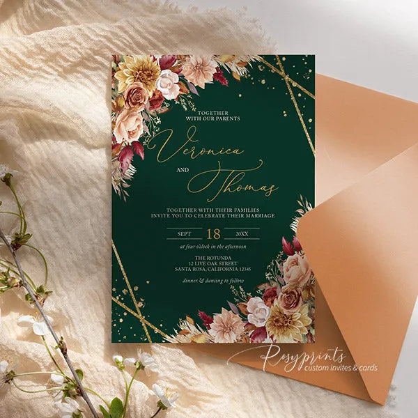 rustic emerald and burnt orange fall floral wedding invitations