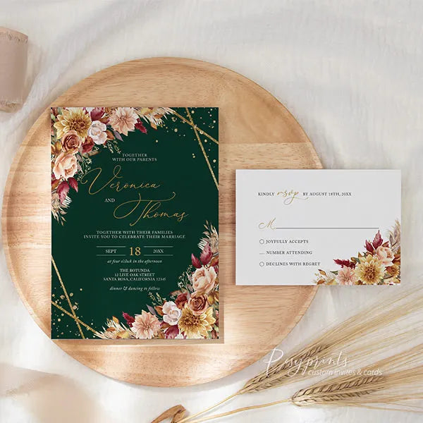 rustic emerald and burnt orange fall floral wedding invitations