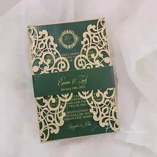 emerald green and gold vintage wedding invitations ROSG18 - Rosy Prints