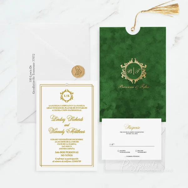 emerald green velvet wedding invitations with gold foil ROSYP50 - Rosy Prints
