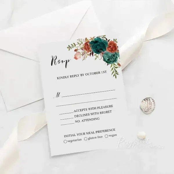 Burnt orange and emerald acrylic wedding invitations ROSYA43 - Rosy Prints