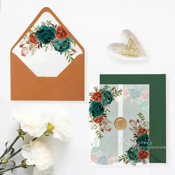 Burnt orange and emerald acrylic wedding invitations ROSYA43 - Rosy Prints