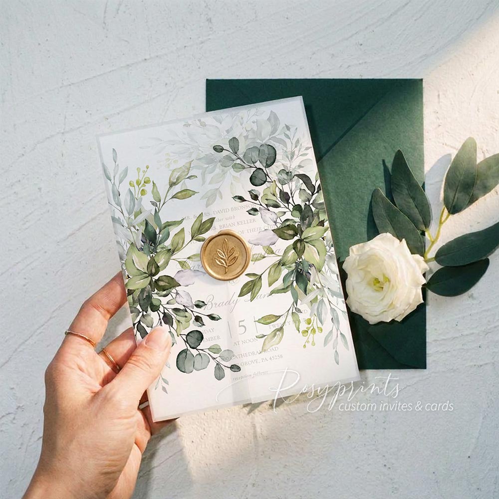 eucalyptus sage green vellum paper wedding invitations