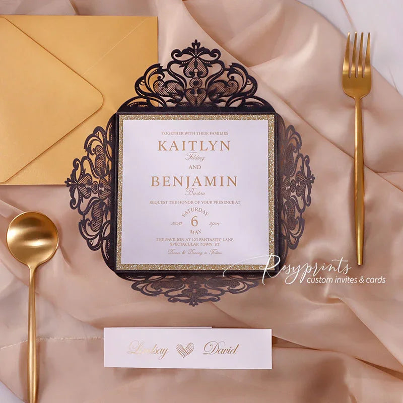 modern black and gold glitter pocket wedding invitations ROSYP13 - Rosy Prints