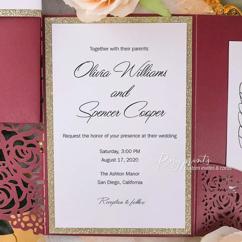 formal burgundy pocket wedding invitations ROSYP04 - Rosy Prints
