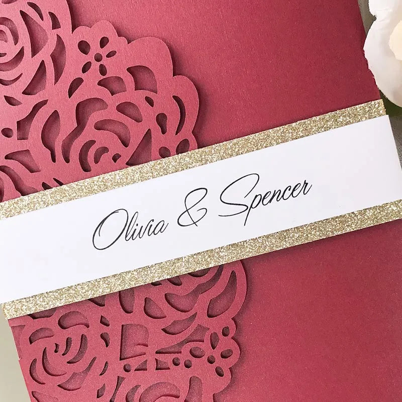 formal burgundy pocket wedding invitations ROSYP04 - Rosy Prints