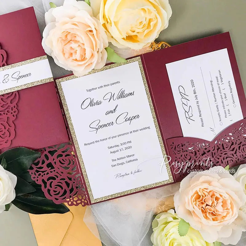 formal burgundy pocket wedding invitations ROSYP04 - Rosy Prints