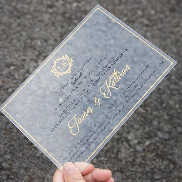 gold crest formal clear acrylic wedding invitations