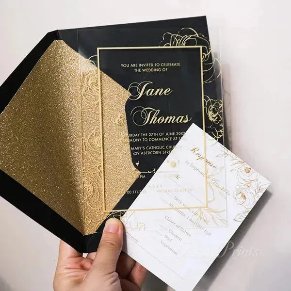 gold flowers acrylic wedding invitations ROSYA01 - Rosy Prints