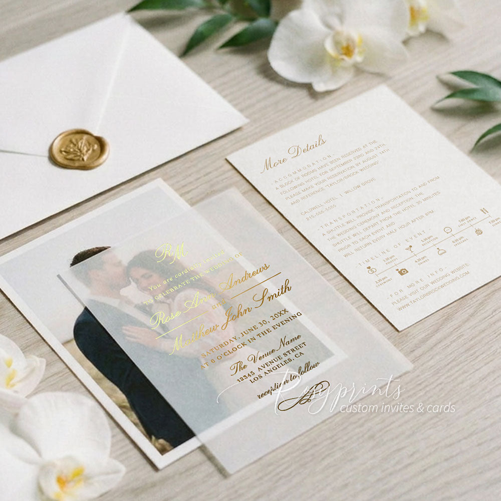 gold foil vellum overlay photo wedding invitations