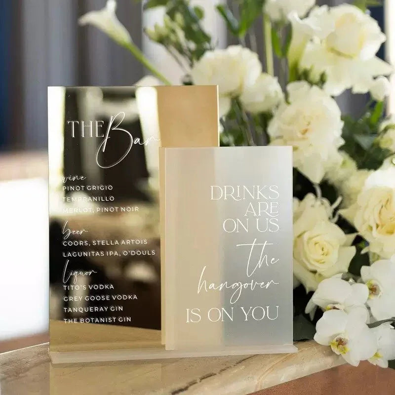 gold acrylic table number and wedding menu sign