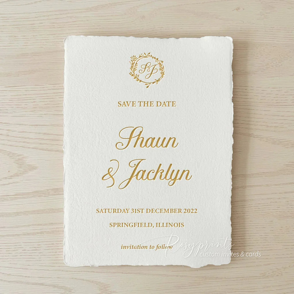 gold foliage wreath letterpress save the dates