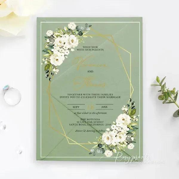 white gold floral acrylic wedding invitations ROSYA30 - Rosy Prints