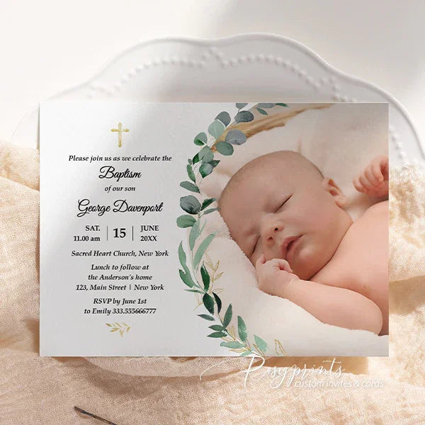 budget green gold cross photo baptism christening invitations RPB13 - Rosy Prints