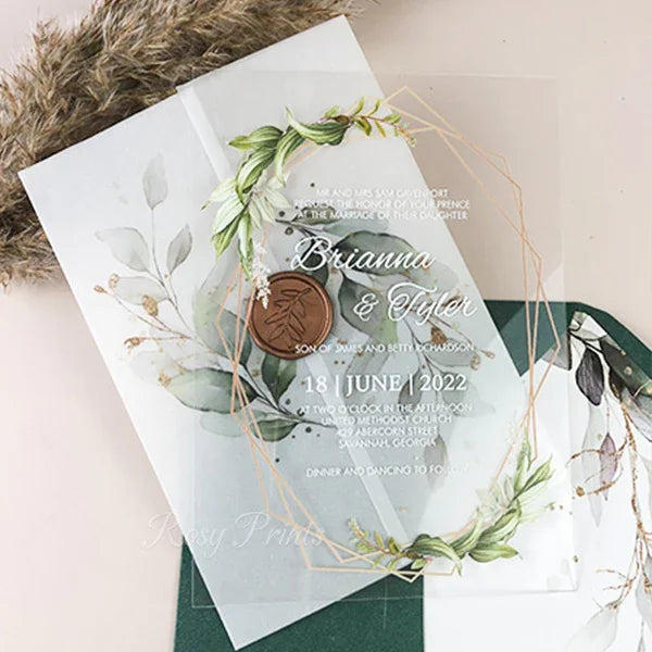 green and gold clear acrylic wedding invitations ROSYA21 - Rosy Prints