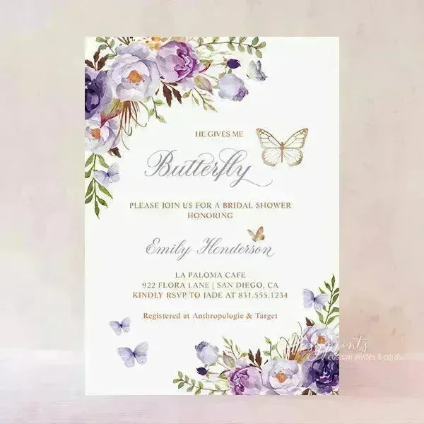 Purple Lilac Flowers Butterfly Bridal Shower Invitations RPB01 - Rosy Prints