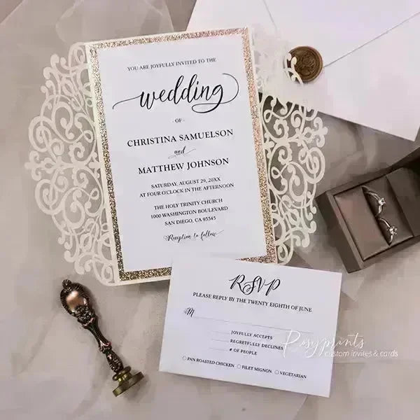 formal ivory and rose gold glitter wedding invitations ROSYG28 - Rosy Prints