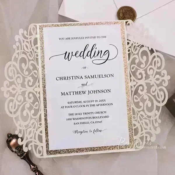 formal ivory and rose gold glitter wedding invitations ROSYG28 - Rosy Prints