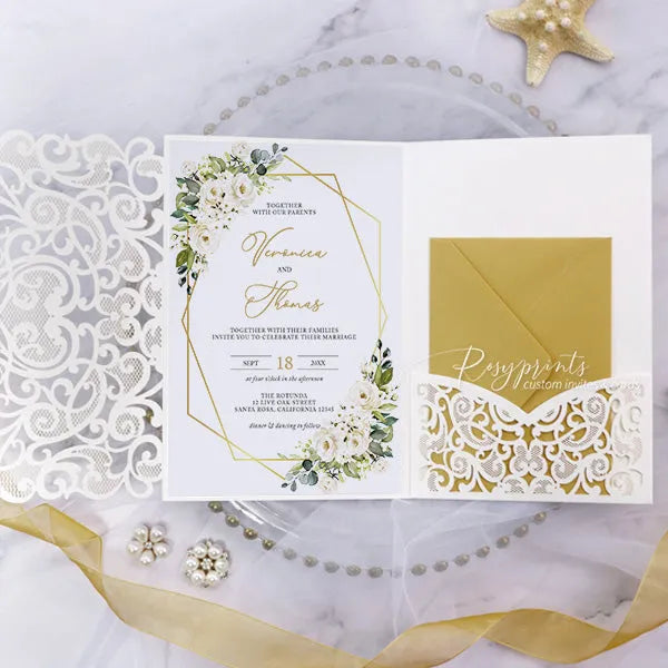 elegant floral white and gold wedding invitations ROSG06 - Rosy Prints