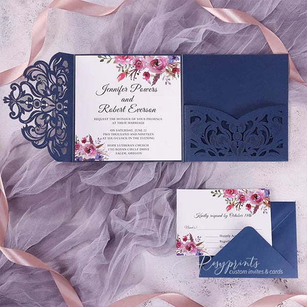 elegant navy blue and purple floral wedding invitations ROSYP24 - Rosy Prints