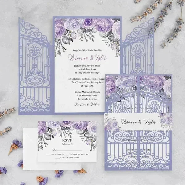 lavender flower wedding invitations rustic lavender lilac purple floral laser cut wedding invitations – Rosy Prints