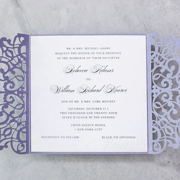 simple elegant purple wedding invitations with silver bow
