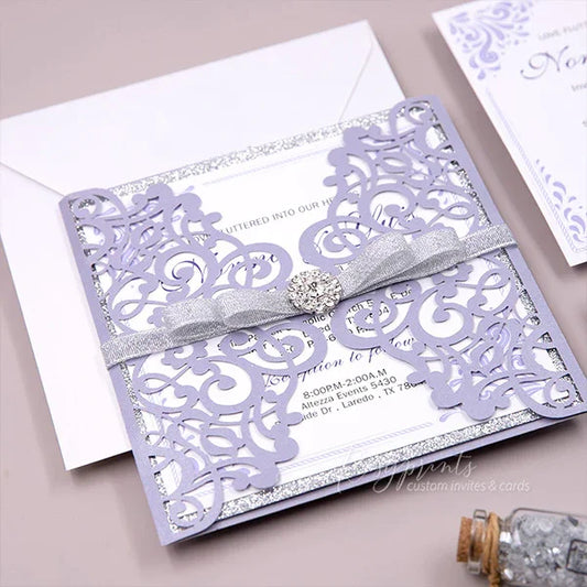 purple and silver glitter gatefold wedding invitations
