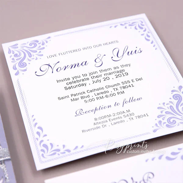 purple and silver glitter gatefold wedding invitations
