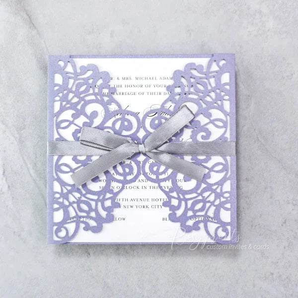 simple elegant purple wedding invitations with silver bow