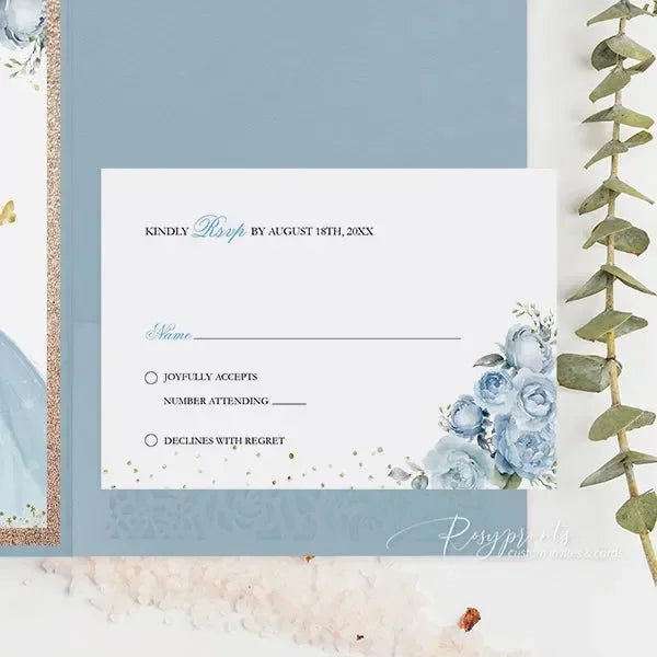 Cinderella blue gold quinceanera sweet 16 invitations ROSYP23-B - Rosy Prints